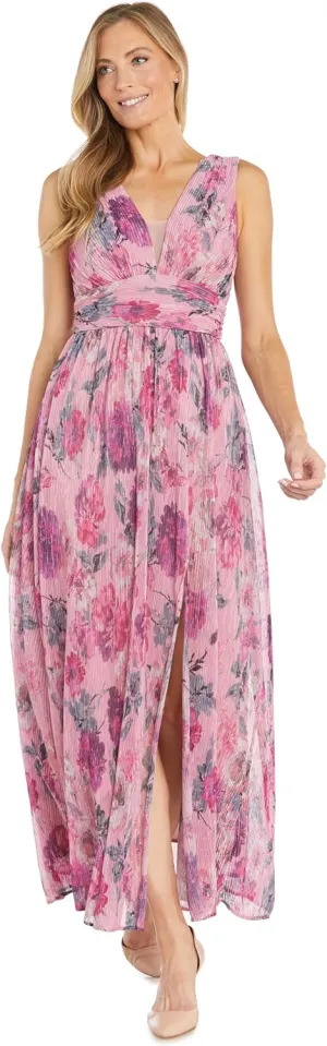 Long Crinkle Pleated Floral Maxi Dress W/V Front & Side Slit