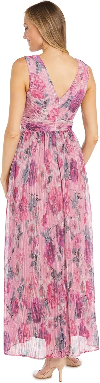 Long Crinkle Pleated Floral Maxi Dress W/V Front & Side Slit