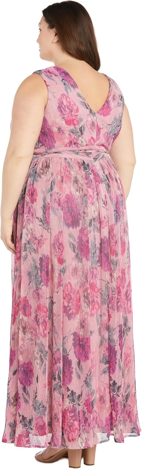 Long Crinkle Pleated Floral Maxi Dress W/V Front & Side Slit