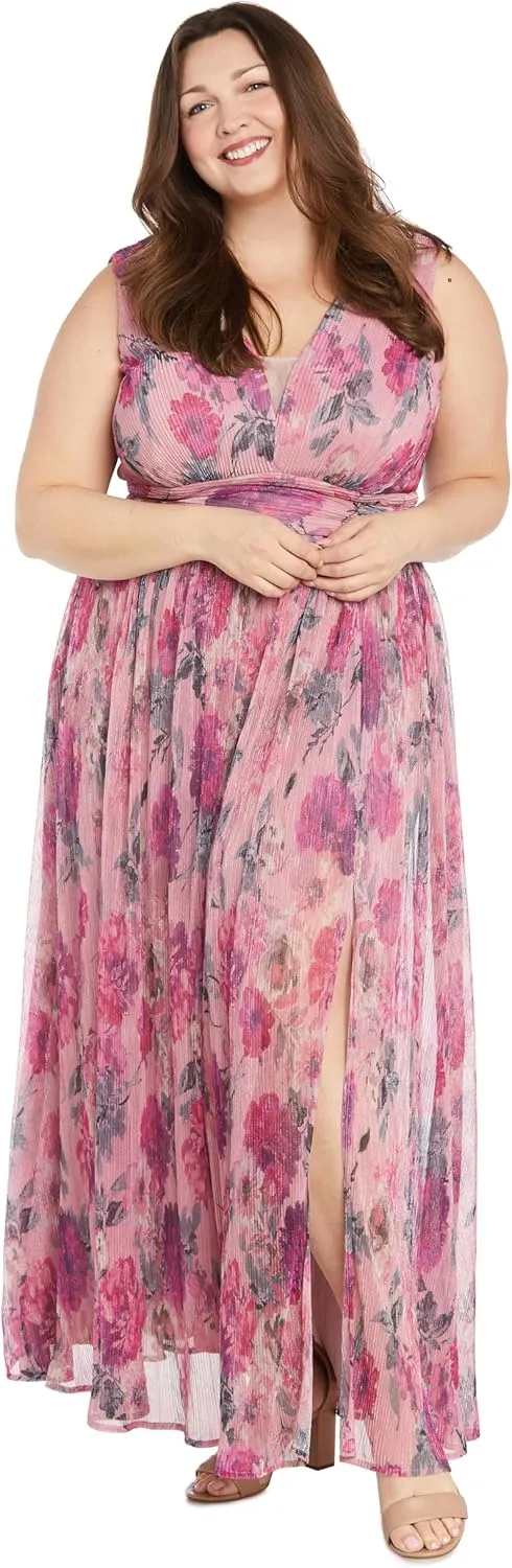 Long Crinkle Pleated Floral Maxi Dress W/V Front & Side Slit