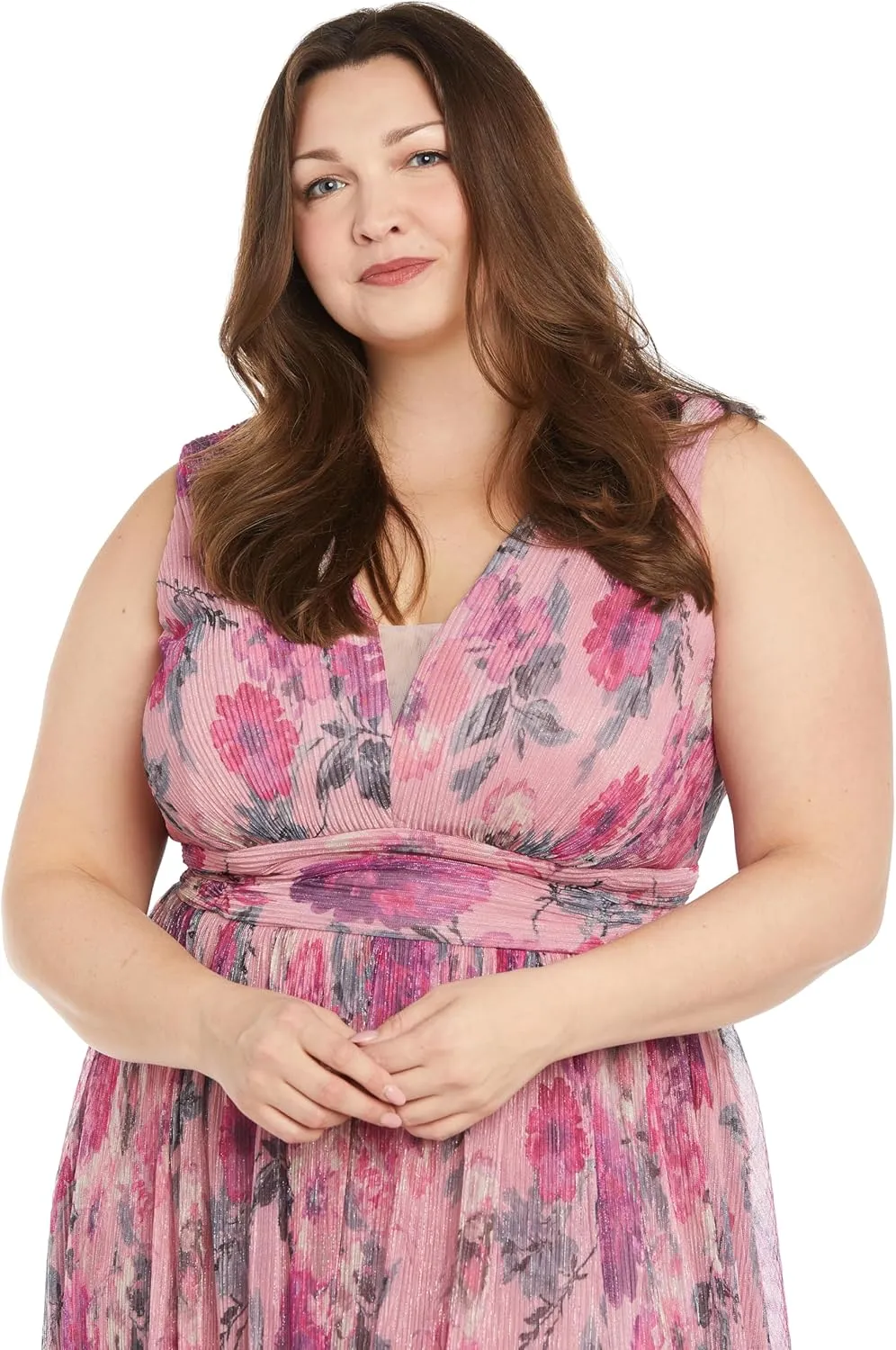 Long Crinkle Pleated Floral Maxi Dress W/V Front & Side Slit
