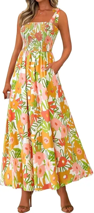 Maxi Dresses for Women 2025 Empire Waist Ruched Tie Strap Tank Dress Square Neck Sleeveless Floral Summer Sundress