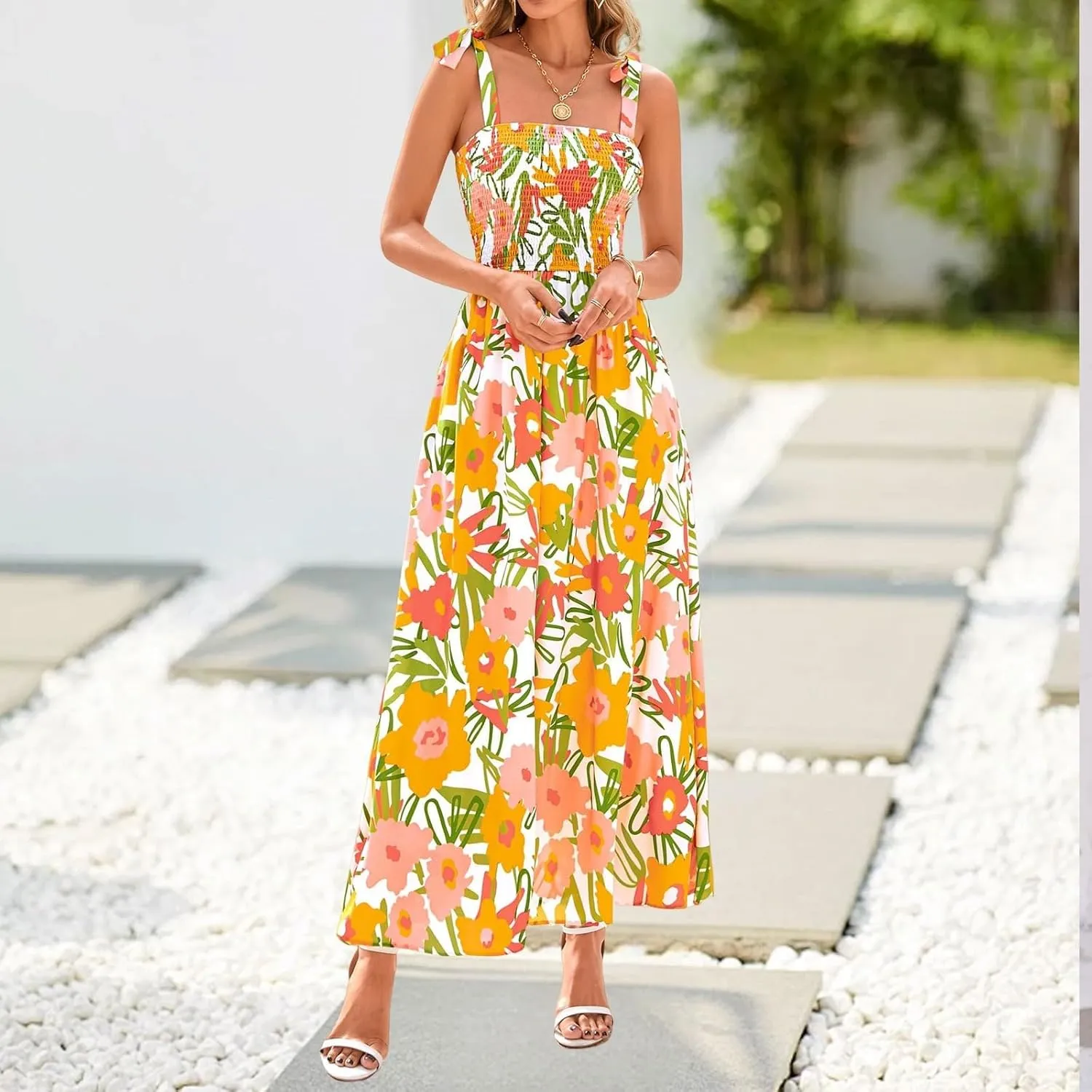 Maxi Dresses for Women 2025 Empire Waist Ruched Tie Strap Tank Dress Square Neck Sleeveless Floral Summer Sundress