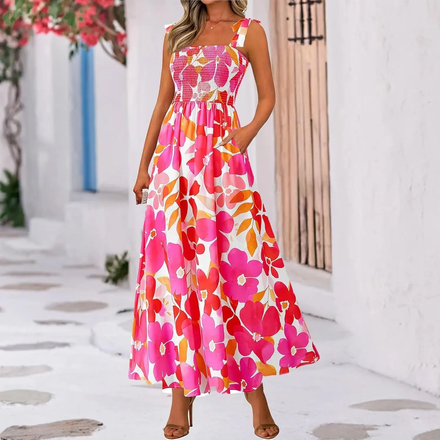 Maxi Dresses for Women 2025 Empire Waist Ruched Tie Strap Tank Dress Square Neck Sleeveless Floral Summer Sundress