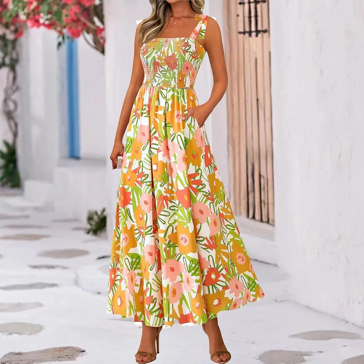 Maxi Dresses for Women 2025 Empire Waist Ruched Tie Strap Tank Dress Square Neck Sleeveless Floral Summer Sundress
