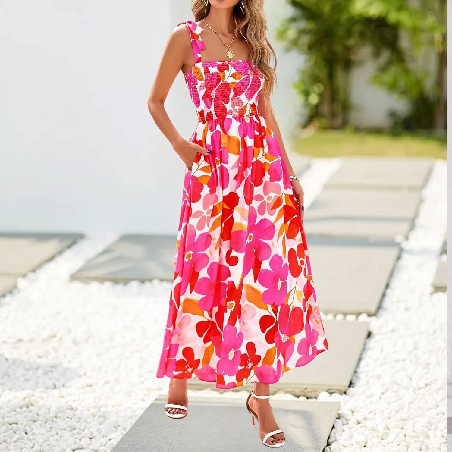 Maxi Dresses for Women 2025 Empire Waist Ruched Tie Strap Tank Dress Square Neck Sleeveless Floral Summer Sundress
