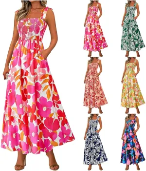 Maxi Dresses for Women 2025 Empire Waist Ruched Tie Strap Tank Dress Square Neck Sleeveless Floral Summer Sundress