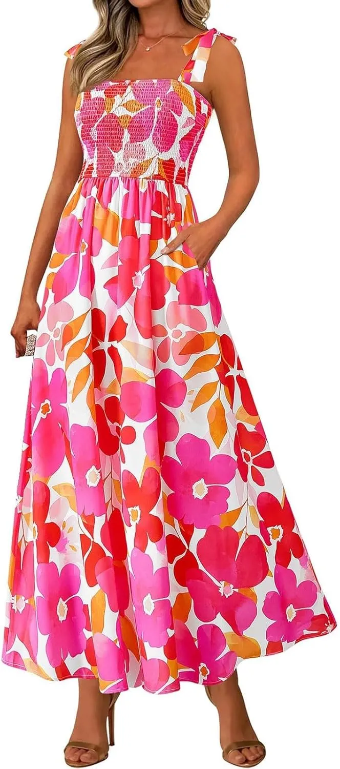 Maxi Dresses for Women 2025 Empire Waist Ruched Tie Strap Tank Dress Square Neck Sleeveless Floral Summer Sundress