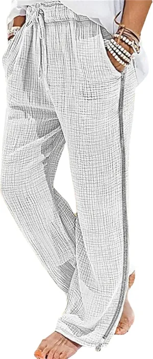 Men's Baggy Casual Elastic Waist Chino Pants Cotton Linen Solid Outdoor Pants Straight Leg Comfort Beach Trousers