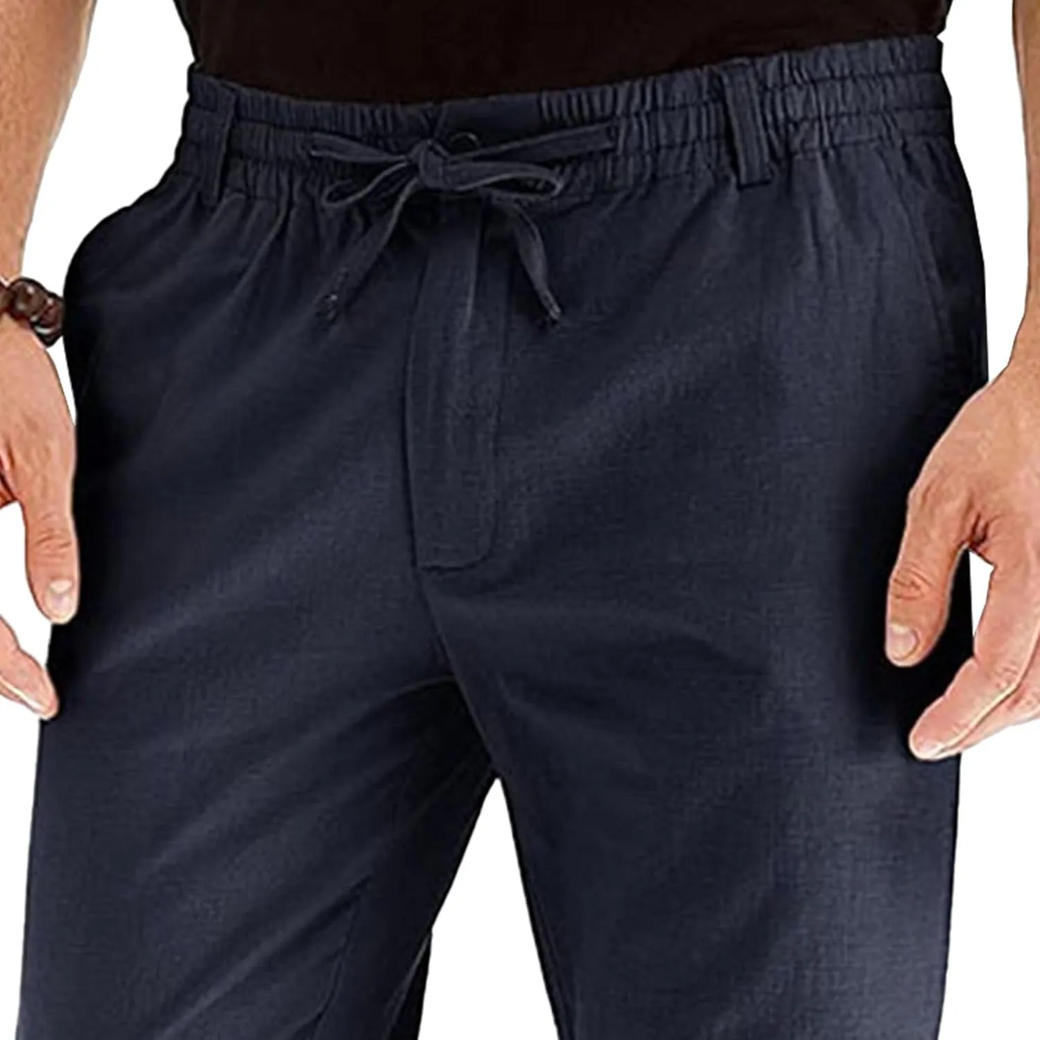 Men's Comfort Baggy Casual Pants Yoga Linen Straight Leg Hiking Pants Basic Solid Joggers Trousers