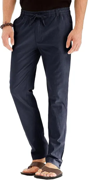 Men's Comfort Baggy Casual Pants Yoga Linen Straight Leg Hiking Pants Basic Solid Joggers Trousers