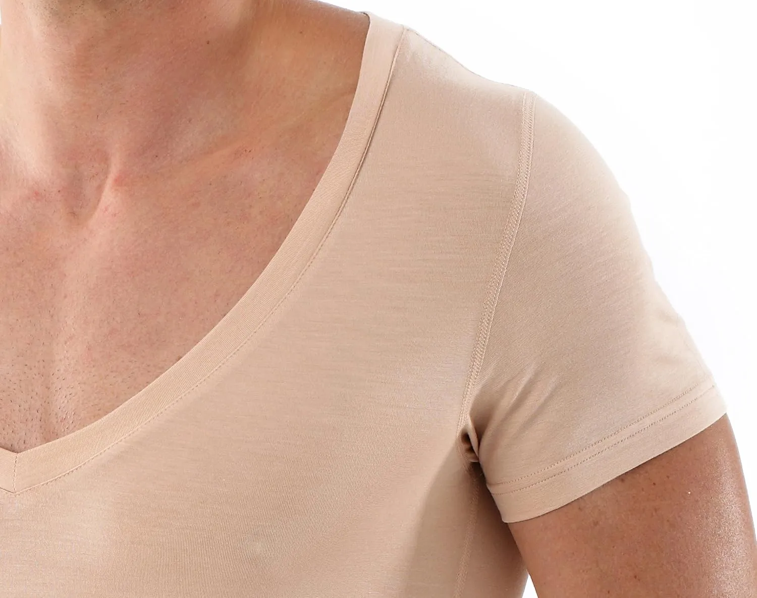 Men's Invisible deep v-Neck Business Undershirt with Short Sleeves Micromodal Light Nude Beige