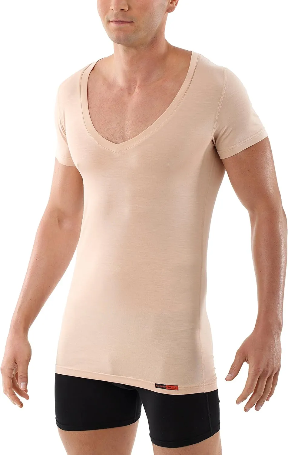 Men's Invisible deep v-Neck Business Undershirt with Short Sleeves Micromodal Light Nude Beige