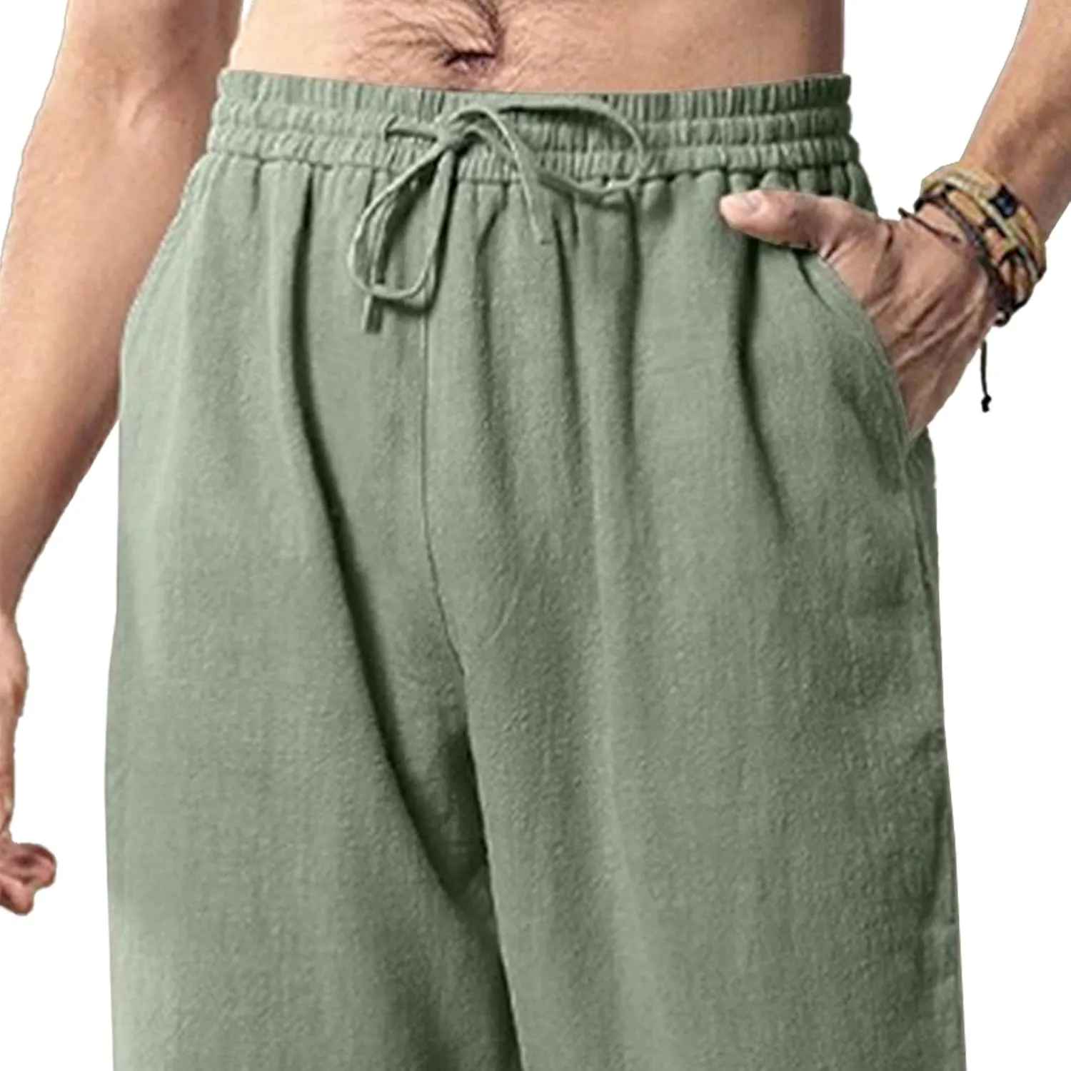 Men's Linen Lightweight Outdoor Solid Pants Baggy Casual Hiking Pants Comfort Sweatpants Yoga Trousers