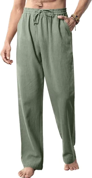 Men's Linen Lightweight Outdoor Solid Pants Baggy Casual Hiking Pants Comfort Sweatpants Yoga Trousers
