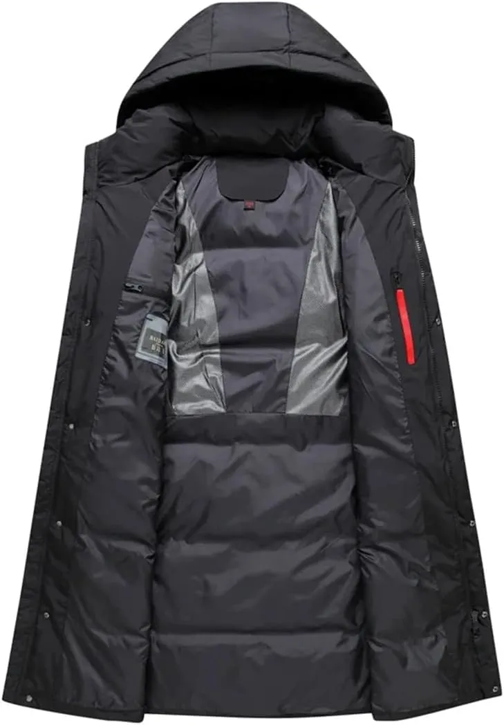 Mens Overcoat Thicken Warm 90% White Duck Down Coats Hooded Black Long Parka Down Jackets