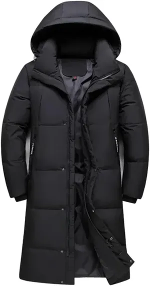 Mens Overcoat Thicken Warm 90% White Duck Down Coats Hooded Black Long Parka Down Jackets