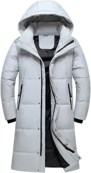 Mens Overcoat Thicken Warm 90% White Duck Down Coats Hooded Black Long Parka Down Jackets