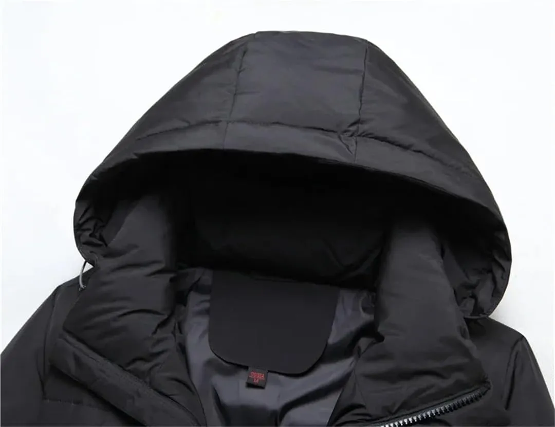 Mens Overcoat Thicken Warm 90% White Duck Down Coats Hooded Black Long Parka Down Jackets