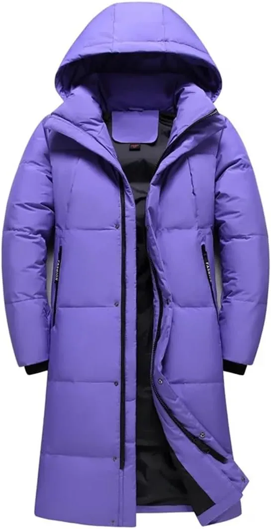 Mens Overcoat Thicken Warm 90% White Duck Down Coats Hooded Black Long Parka Down Jackets