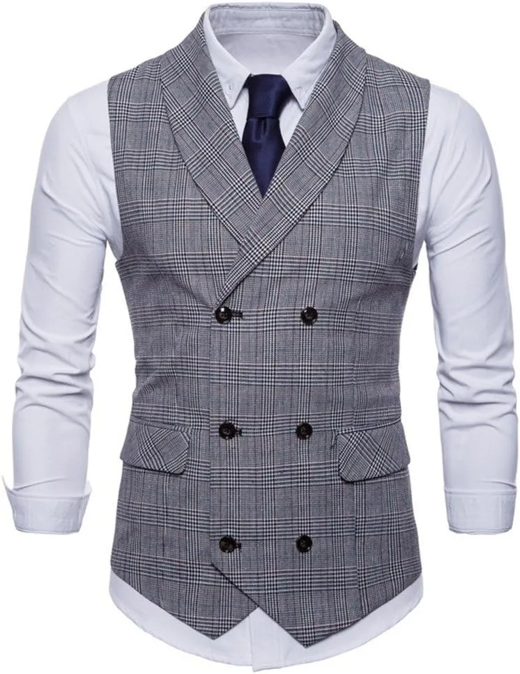 Mens Plaid Vest Double Breasted Lapel Slim Fit Formal Dress Vest Business Waistcoat (XL, Light Grey)
