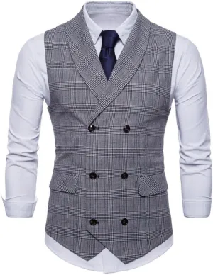 Mens Plaid Vest Double Breasted Lapel Slim Fit Formal Dress Vest Business Waistcoat (XL, Light Grey)