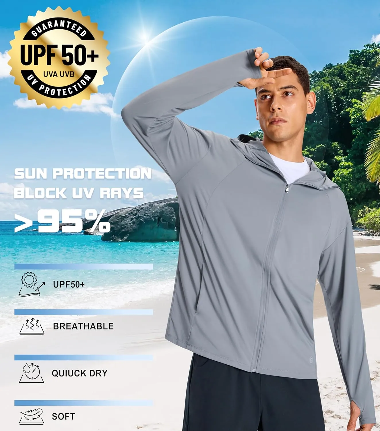 Men's UPF 50  Light Jacket Full Zip Sun Protection Hoodie Quick Dry Athletic Long Sleeve Shirts Hiking Fishing Running