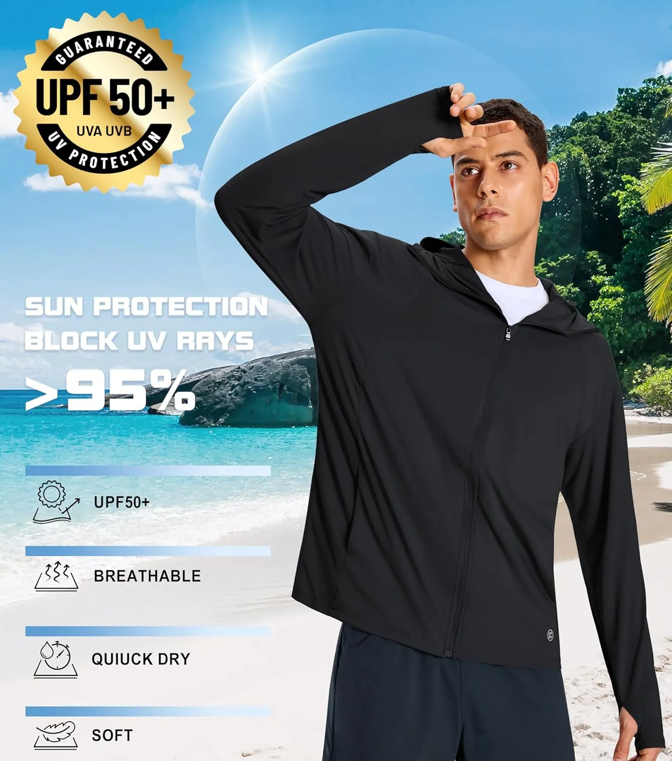 Men's UPF 50  Light Jacket Full Zip Sun Protection Hoodie Quick Dry Athletic Long Sleeve Shirts Hiking Fishing Running