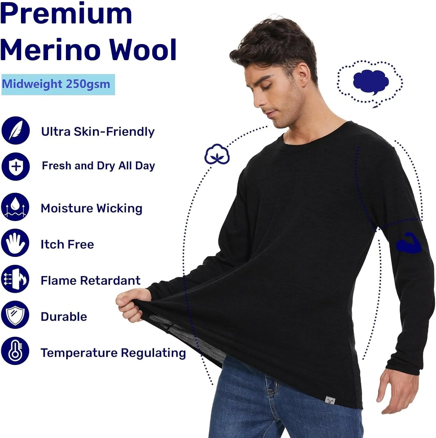 MERINNOVATION Merino Wool Base Layer Mens 100% Merino Wool Shirts for Men Thermal Underwear LS T-Shirt Light, Midweight