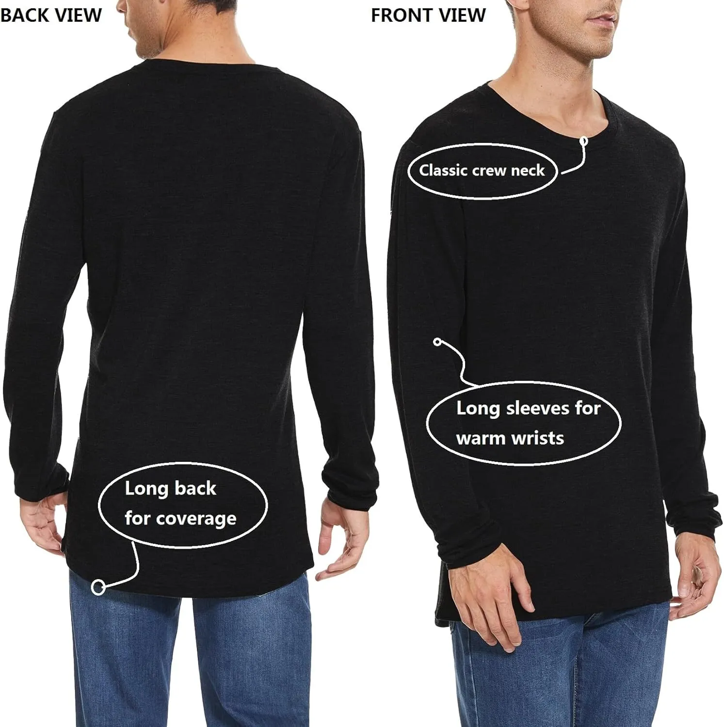 MERINNOVATION Merino Wool Base Layer Mens 100% Merino Wool Shirts for Men Thermal Underwear LS T-Shirt Light, Midweight