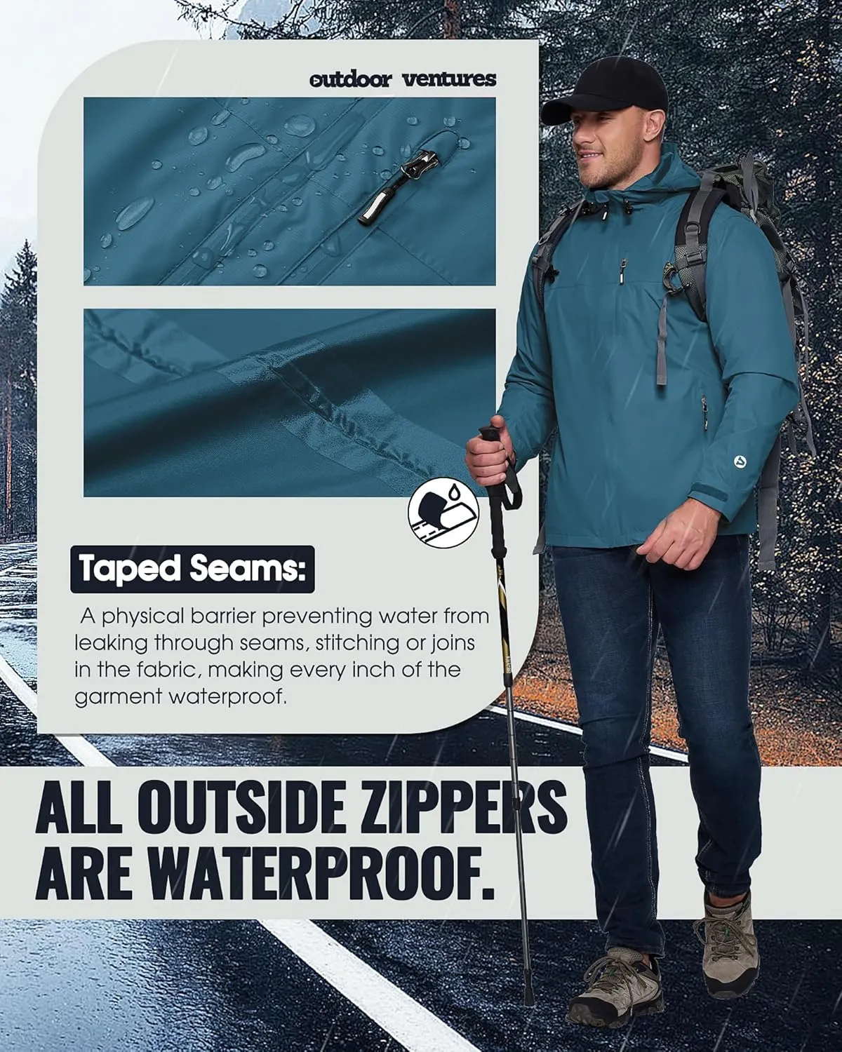 Outdoor Ventures Men's Packable Rain Jacket Waterproof Lightweight Raincoat with Hood Windproof Cycling Jackets