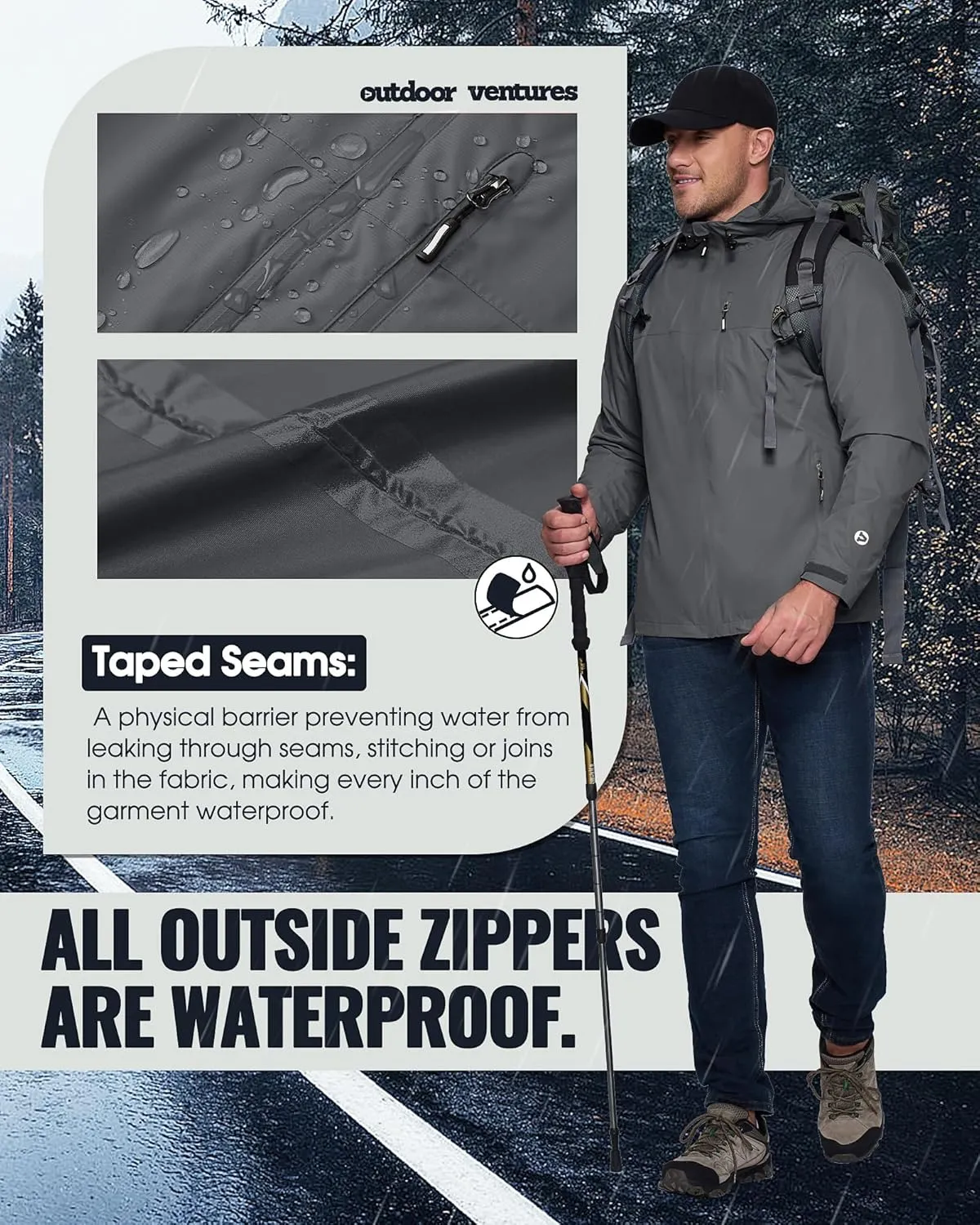 Outdoor Ventures Men's Packable Rain Jacket Waterproof Lightweight Raincoat with Hood Windproof Cycling Jackets