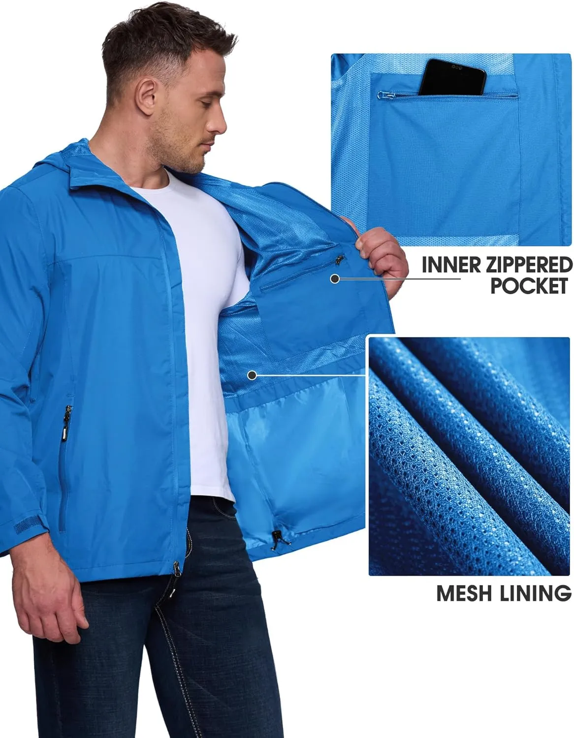 Outdoor Ventures Men's Packable Rain Jacket Waterproof Lightweight Raincoat with Hood Windproof Cycling Jackets
