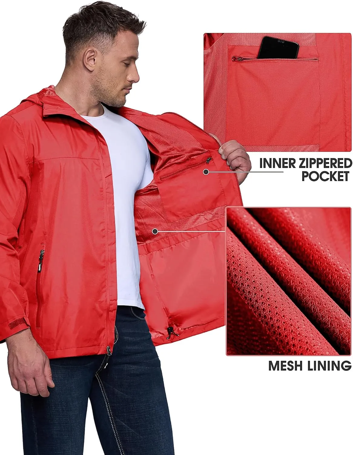 Outdoor Ventures Men's Packable Rain Jacket Waterproof Lightweight Raincoat with Hood Windproof Cycling Jackets