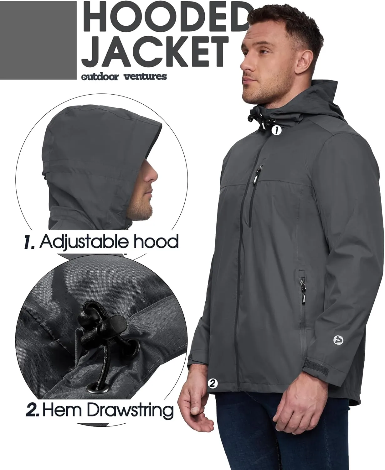 Outdoor Ventures Men's Packable Rain Jacket Waterproof Lightweight Raincoat with Hood Windproof Cycling Jackets
