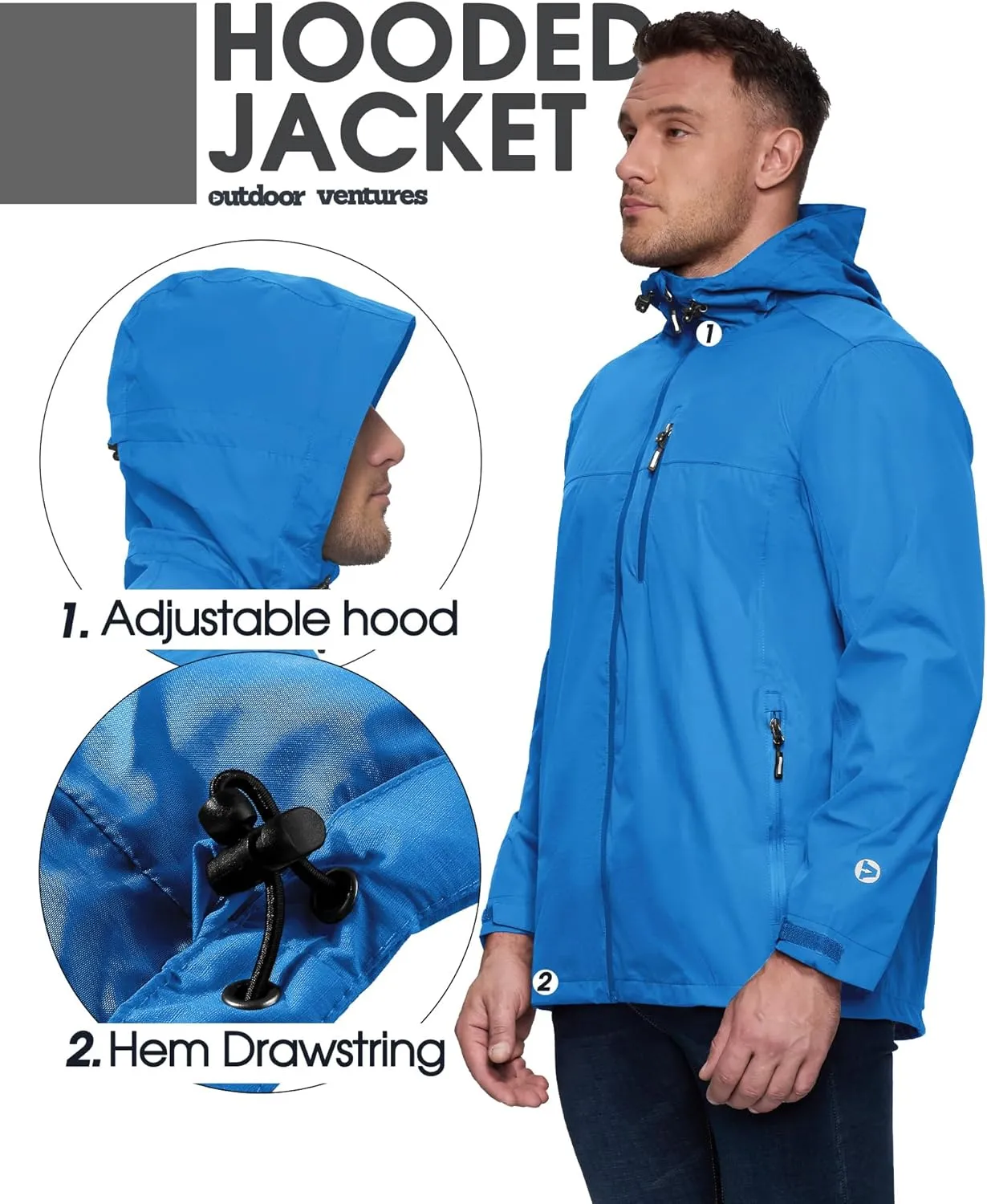 Outdoor Ventures Men's Packable Rain Jacket Waterproof Lightweight Raincoat with Hood Windproof Cycling Jackets