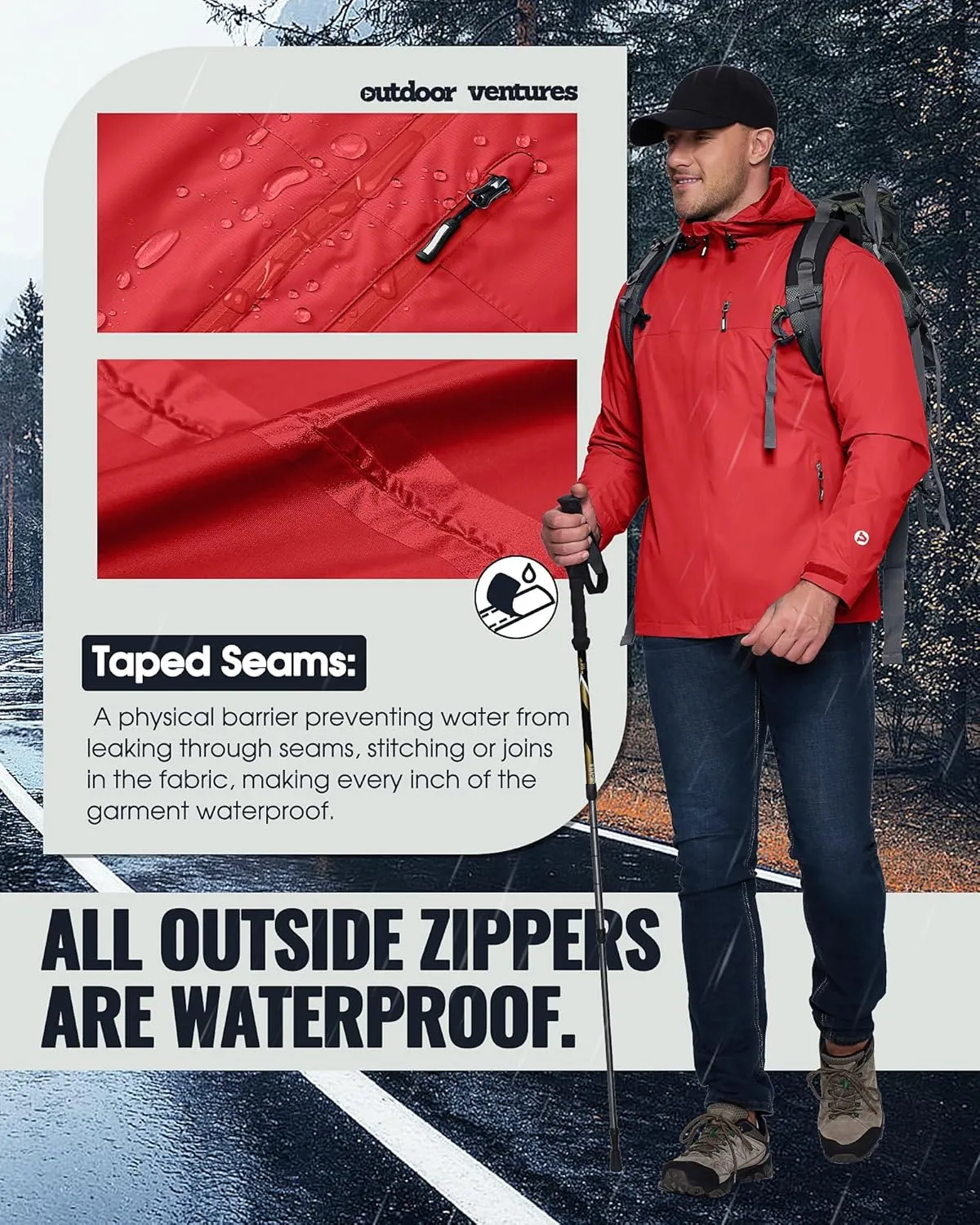 Outdoor Ventures Men's Packable Rain Jacket Waterproof Lightweight Raincoat with Hood Windproof Cycling Jackets