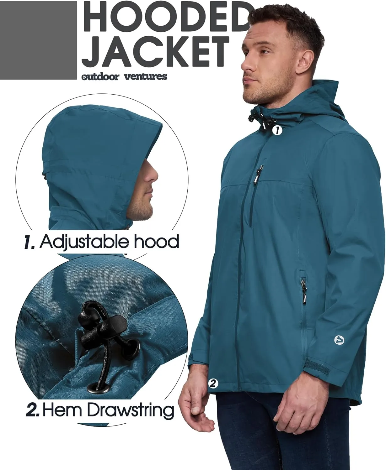 Outdoor Ventures Men's Packable Rain Jacket Waterproof Lightweight Raincoat with Hood Windproof Cycling Jackets
