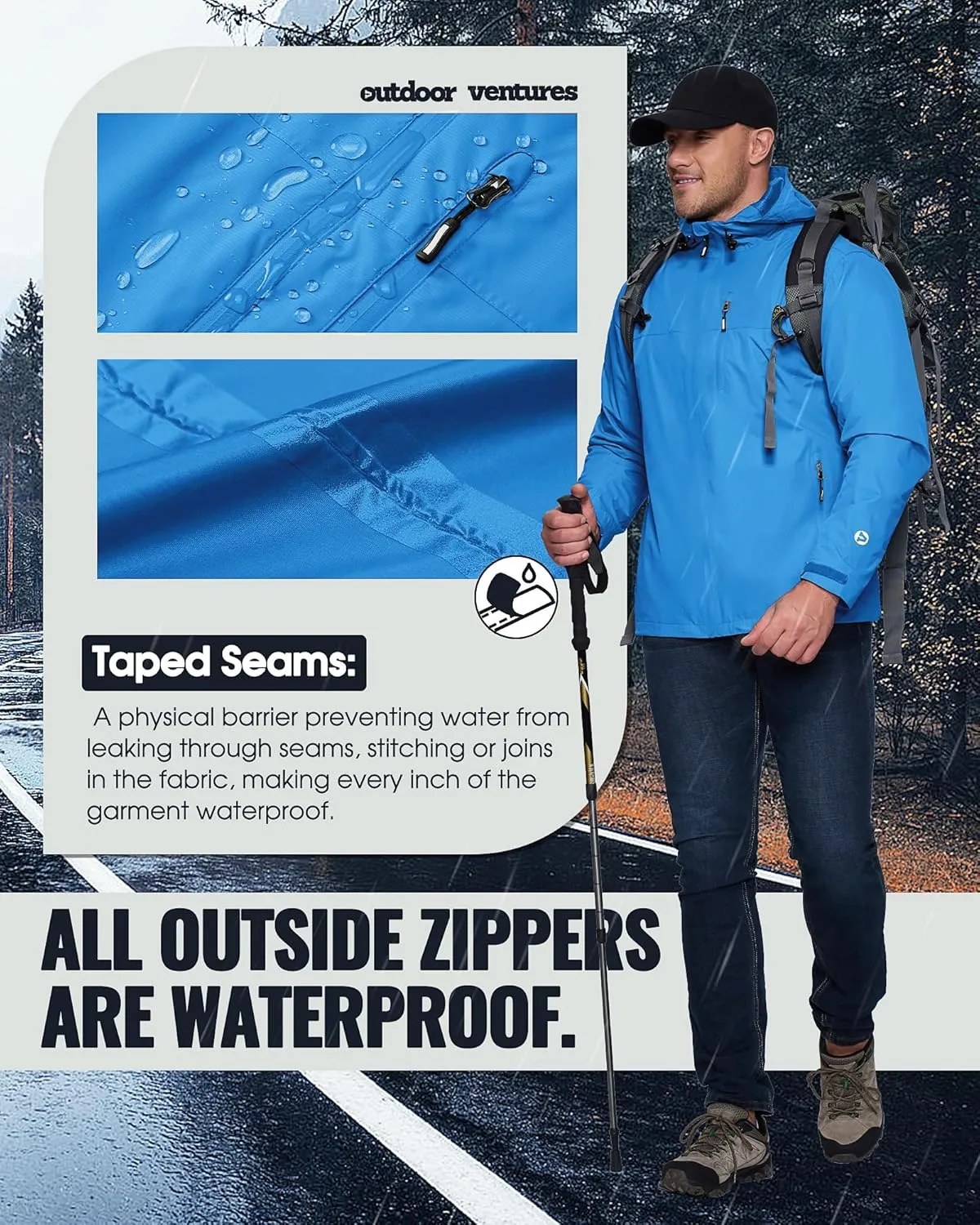 Outdoor Ventures Men's Packable Rain Jacket Waterproof Lightweight Raincoat with Hood Windproof Cycling Jackets