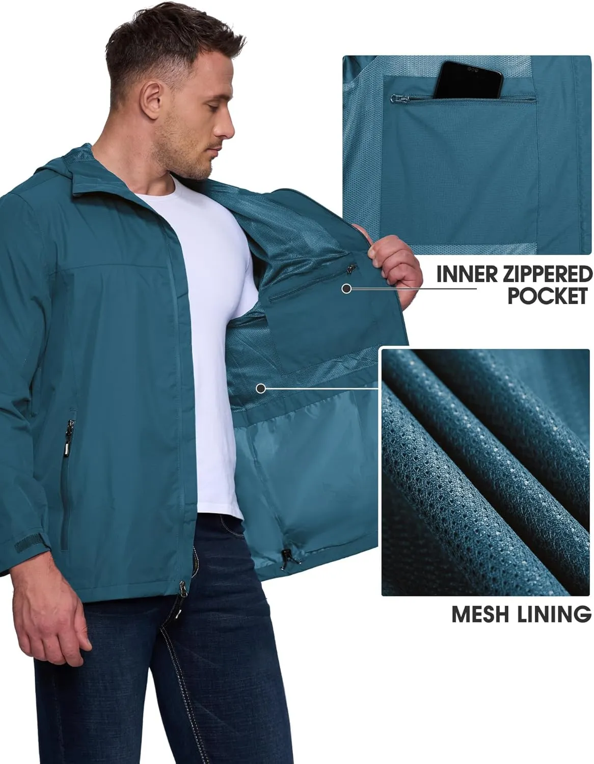 Outdoor Ventures Men's Packable Rain Jacket Waterproof Lightweight Raincoat with Hood Windproof Cycling Jackets