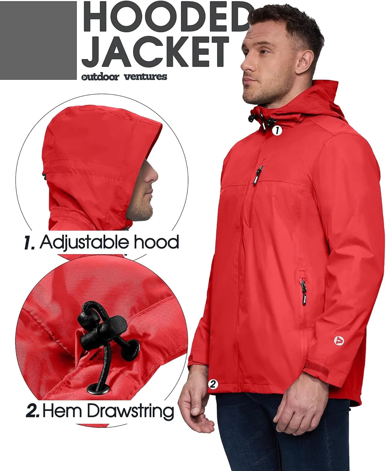 Outdoor Ventures Men's Packable Rain Jacket Waterproof Lightweight Raincoat with Hood Windproof Cycling Jackets