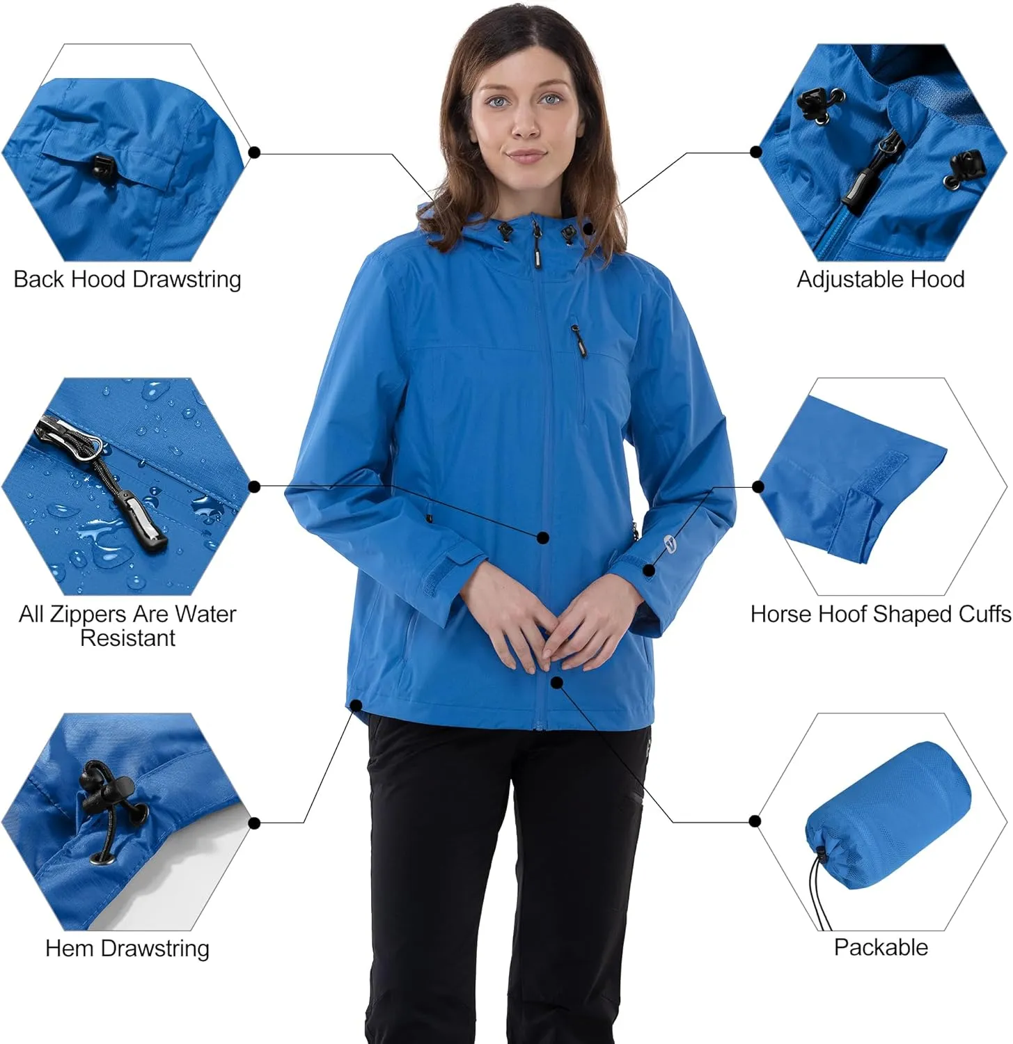 Outdoor Ventures Packable Rain Jacket Women Lightweight Waterproof Raincoat with Hood Cycling Bike Jacket