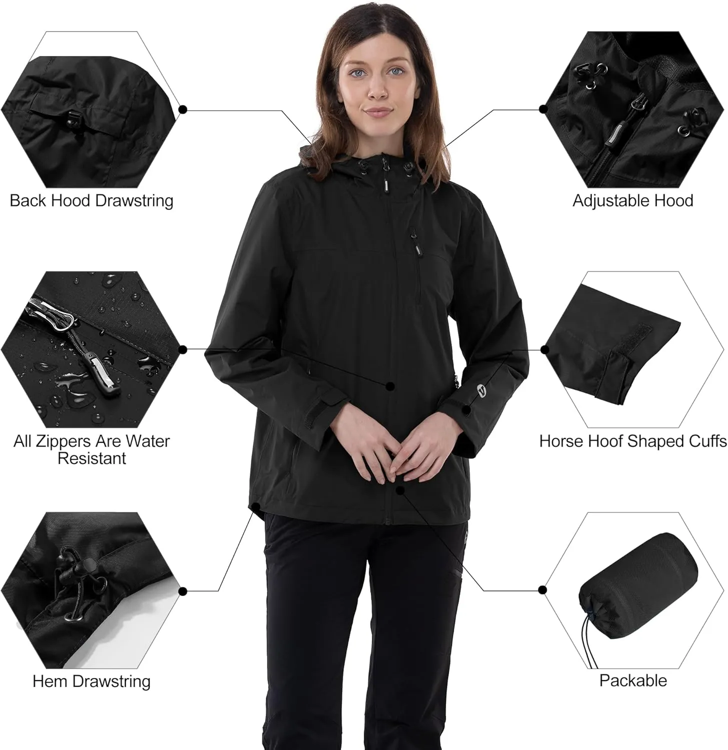 Outdoor Ventures Packable Rain Jacket Women Lightweight Waterproof Raincoat with Hood Cycling Bike Jacket