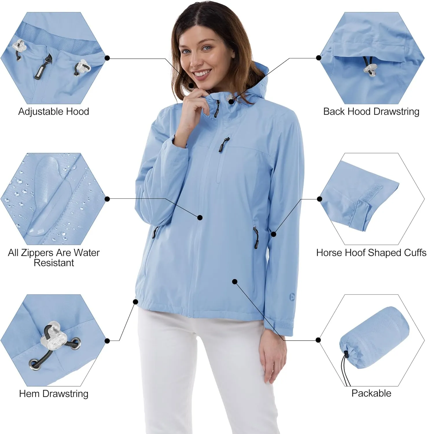 Outdoor Ventures Packable Rain Jacket Women Lightweight Waterproof Raincoat with Hood Cycling Bike Jacket