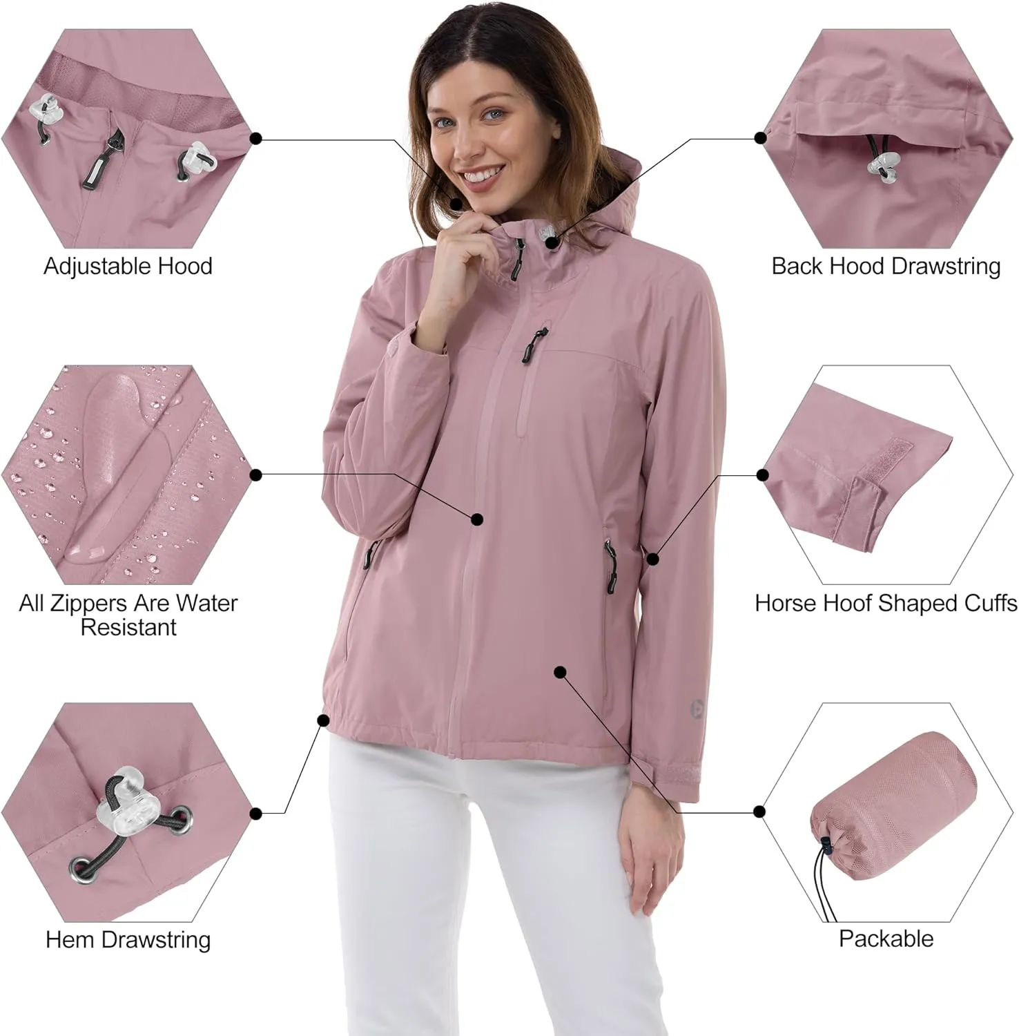 Outdoor Ventures Packable Rain Jacket Women Lightweight Waterproof Raincoat with Hood Cycling Bike Jacket