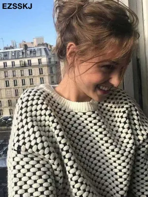 Oversize blue dot Sweater Pullovers Women winter autumn thick O-neck chic 2021 sweater long sleeve sweater top