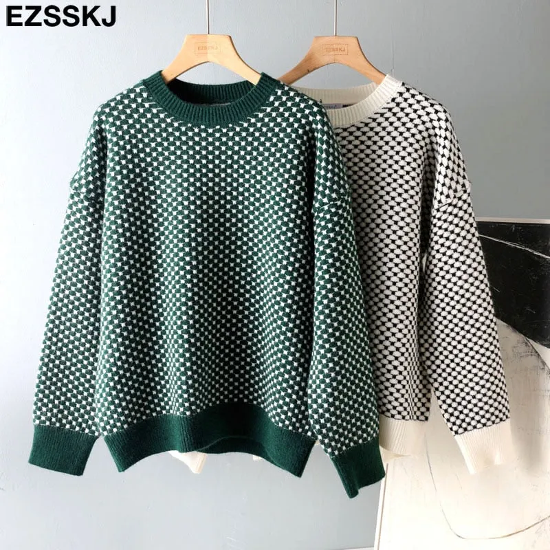 Oversize blue dot Sweater Pullovers Women winter autumn thick O-neck chic 2021 sweater long sleeve sweater top