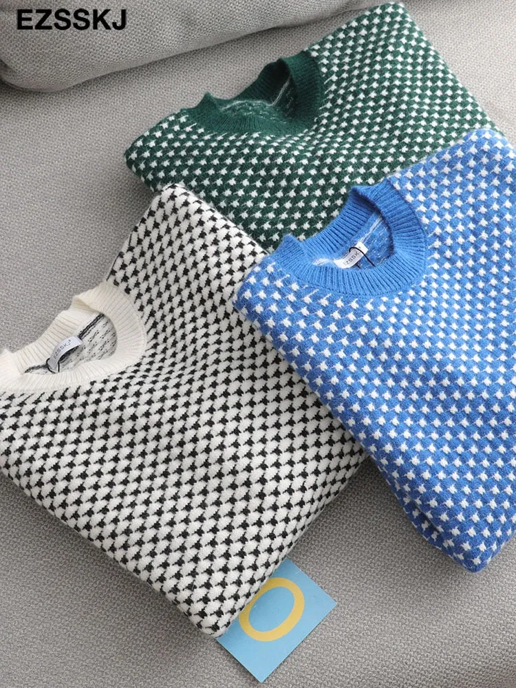 Oversize blue dot Sweater Pullovers Women winter autumn thick O-neck chic 2021 sweater long sleeve sweater top