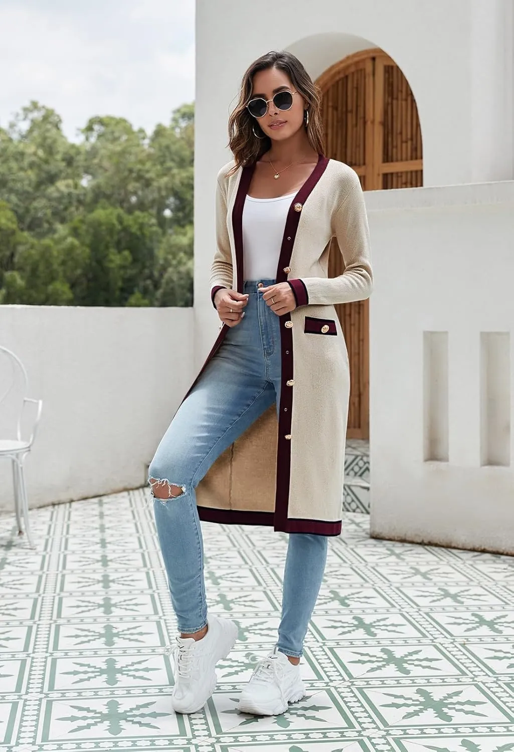 Pink Queen Long Cardigan for Women Long Sleeve Open Front Button V Neck Ribbed Knit Cardigans Sweaters Dress with Belt