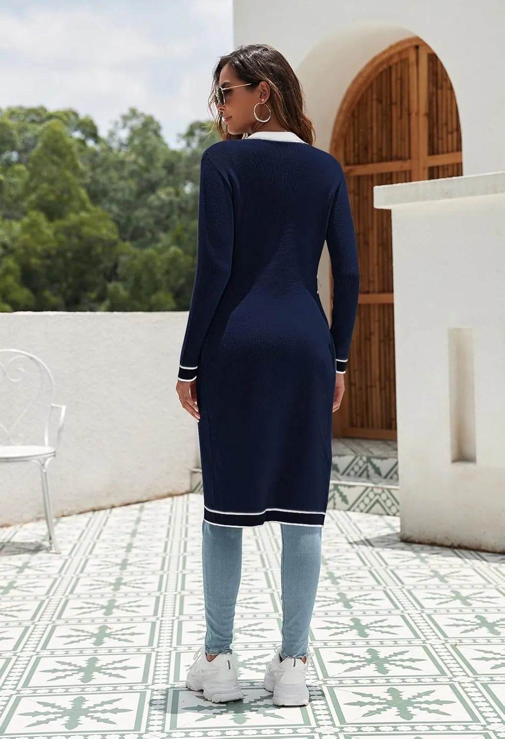 Pink Queen Long Cardigan for Women Long Sleeve Open Front Button V Neck Ribbed Knit Cardigans Sweaters Dress with Belt